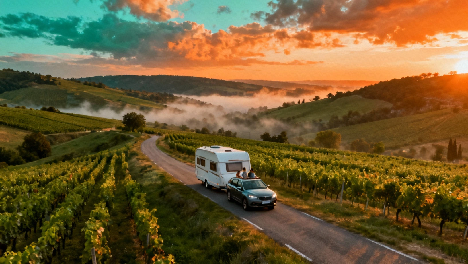 Route de campagne française avec un véhicule tractant une caravane au coucher du soleil